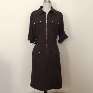 Michael Kors brown collared dress gold accents